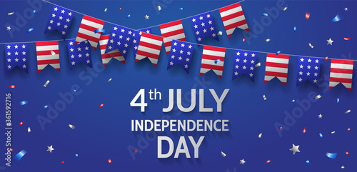 Independence Day banner design with american flags and confetti on blue background. 4th July. - Vector