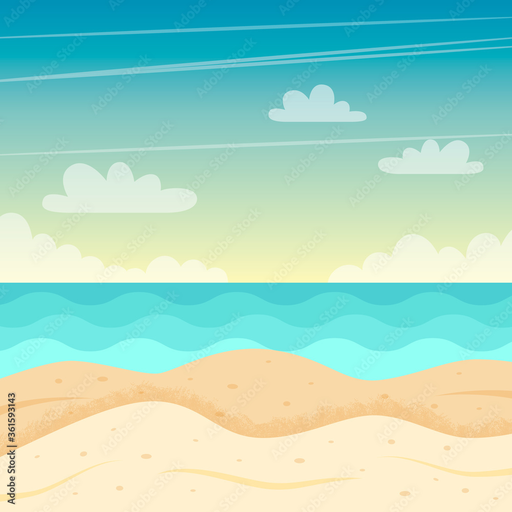 Beach landscape. Colorful summer design. Vector illustration in flat style