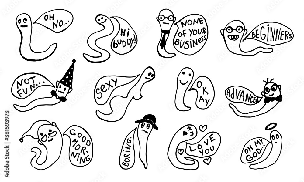 Funny worm with speech bubble. Hand drawn vector character illustration. Outline doodle drawing Funny worm with speech bubble. Hand drawn vector character illustration. Outline doodle drawing