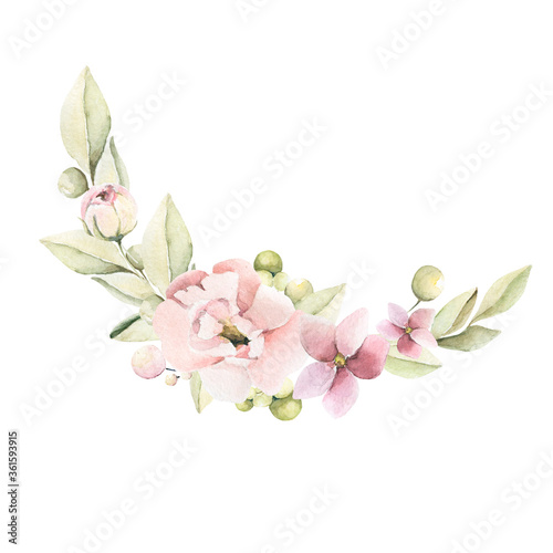 Watercolor composition with hand painted pink flowers of peony and leaves inspired by garden plants. Romantic floral background perfect for fabric textile, vintage paper or scrapbooking