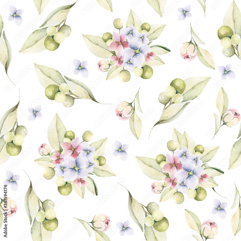 Fototapeta Hand drawing watercolor floral pattern with pink flowers, leaves. illustration isolated on white. Perfect for print, textile, scrapbooking.