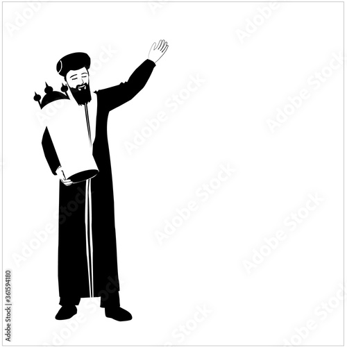 Vector drawing of a Jewish Sephardi chief rabbi. dressed In the rabbinical robe. And in the special round hat. Holds a Torah scroll in a case with decoration.
Silhouette of Simchat Torah holiday dance