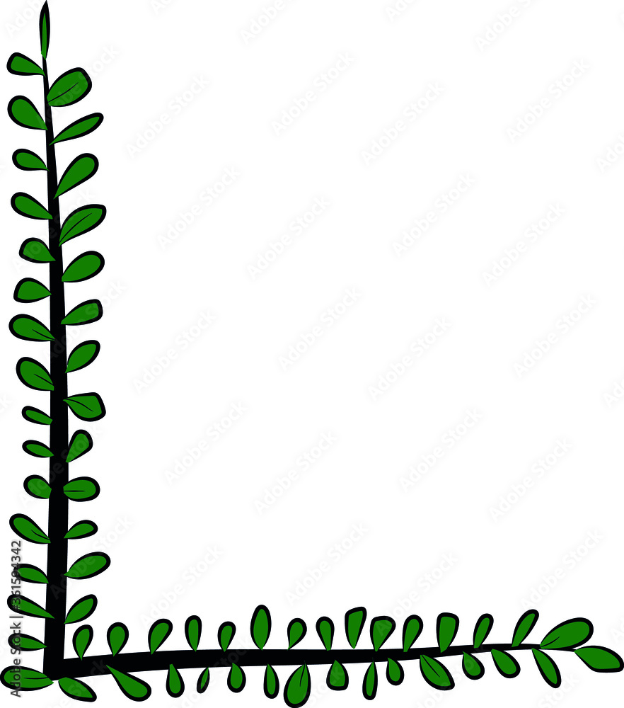 Vector image. Hand-drawn brush letter L. Part of the English alphabet. Black tree branch and bright juicy green foliage. Leaves of a Bush. The summer mood. Calligraphy and lettering. Eco, nature theme