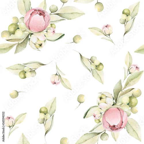 Hand drawing watercolor floral pattern with pink flowers, leaves. illustration isolated on white. Perfect for print, textile, scrapbooking. photo