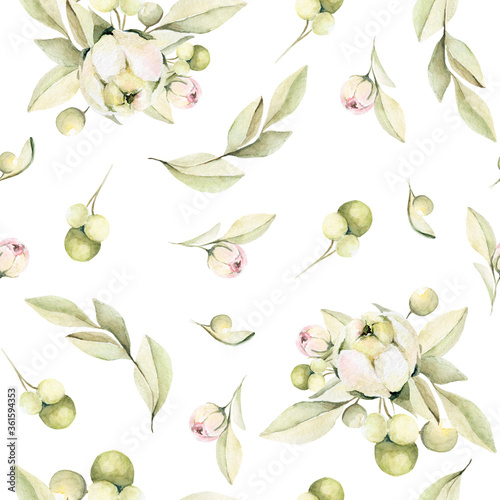 Hand drawing watercolor floral pattern with pink flowers, leaves. illustration isolated on white. Perfect for print, textile, scrapbooking. photo