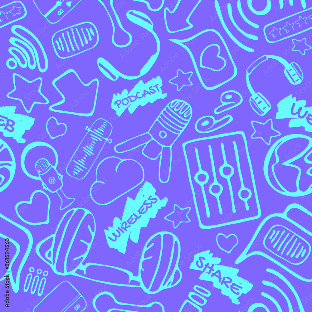 Podcast hand drawn doodle style lilac and turquoise seamless pattern. Vector illustration