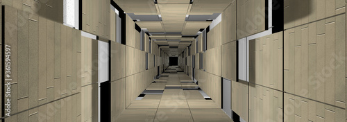 3D rendering Futuristic tunnel of concrete texture, Long corridor with concrete floor and texture walls