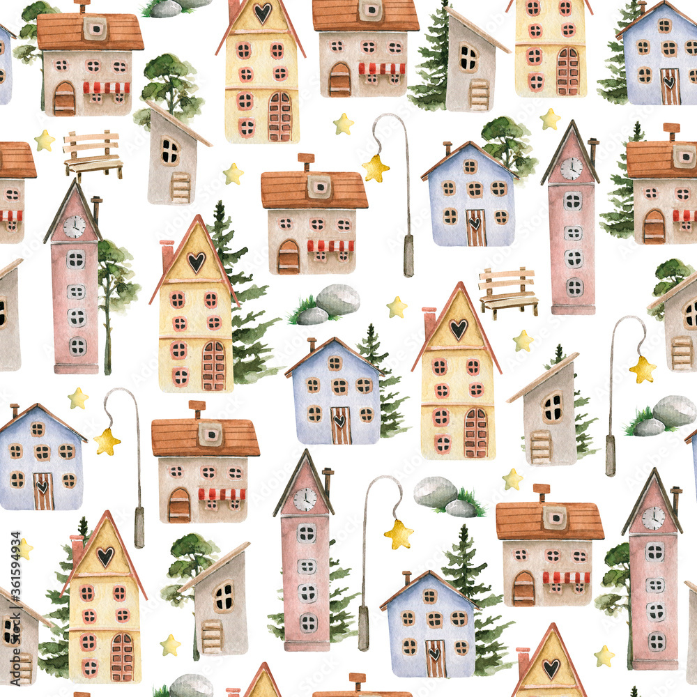 Hand drawing watercolor cute сhildren's pattern of small town with cartoon houses, streetlight, trees. Perfect for print, textile, scrapbooking.