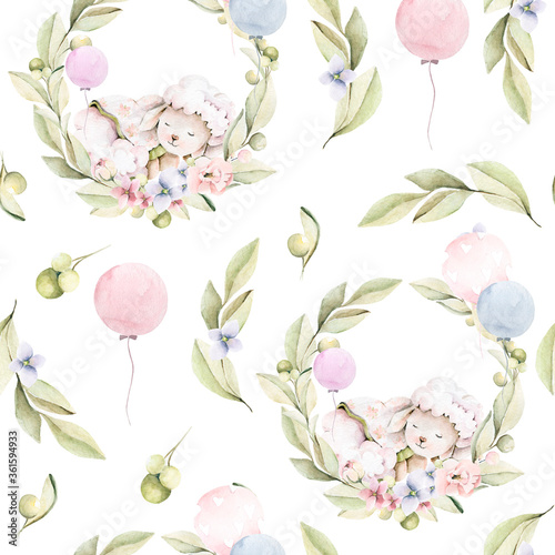 Hand drawing watercolorchildren's pattern with cute sleeping lamb, pink flowers of peony, leaves, balloons. illustration isolated on white. Perfect for print, textile, scrapbooking.