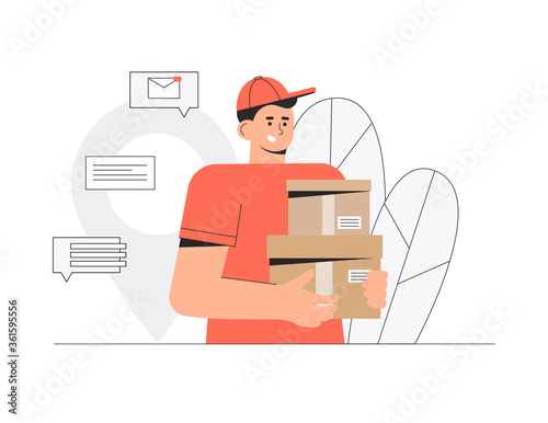 Delivery man, courier holding order box. Flat style vector illustration. Fast and free delivery service.
