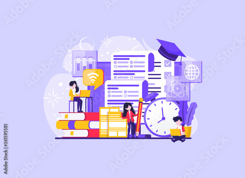 people studying university exam temporarily. Student writing distance test. Concept of online exam, online survey, testing, e-learning. Vector illustration in flat design for UI, banner, mobile app