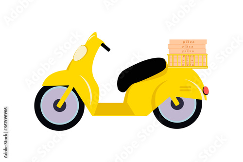 Yellow moped with a basket in which there are boxes of pizza on white background. Motorcycle driver courier concept. Bike scooter delivery concept. Vector illustration in a flat style.