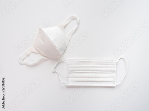 Group shot  type of medical masks on white background. Copy space provided.