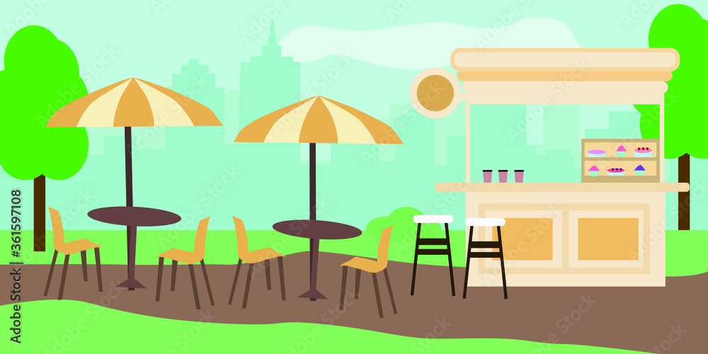 Cafe in the park on the street, vector graphics