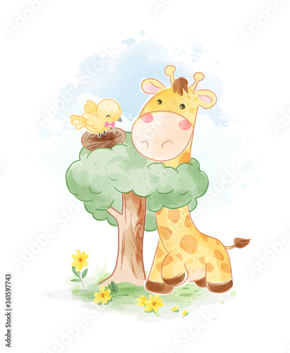 Plakaty dla dzieci  cartoon-giraffe-and-bird-nest-illustration