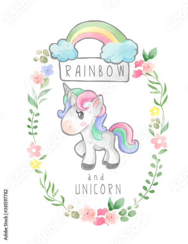Rainbow and Unicorn in Floral Wreath Frame Illustration