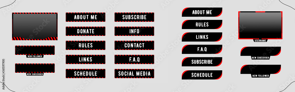 Two twitch sets of modern black-red gaming panels and overlays for live streamers. Design alerts and buttons for Twitch. 16:9 and 4:3 screen resolution. Twitch overlays design template Two twitch sets of modern black-red gaming panels and overlays for live streamers. Design alerts and buttons for Twitch. 16:9 and 4:3 screen resolution. Twitch overlays design template