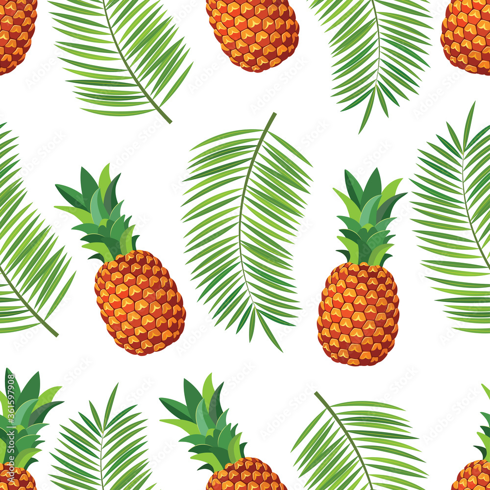 Vector seamless pattern with with whole pineapple and leaves of the palm trees isolated on white background. Vector seamless pattern with with whole pineapple and leaves of the palm trees isolated on white background.