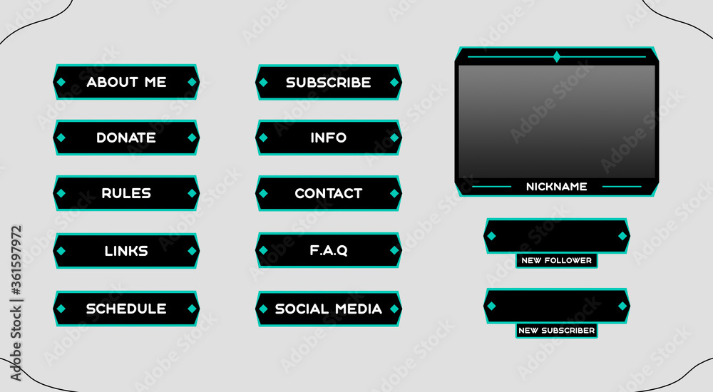Twitch set of modern greenblack gaming panels and overlays for live