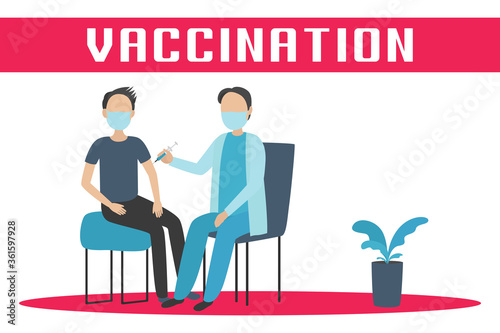 Doctor vaccinate man. Cartoon style. Vector illustration.