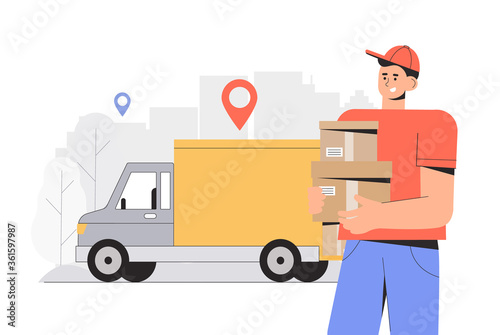 Fast and free shipping. concept, delivery man holding box, truck on background. Flat style vector illustration.