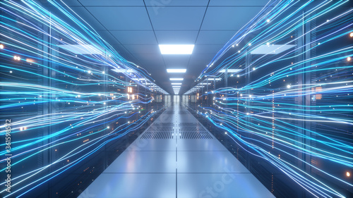 Digital information flows through the network and data servers behind glass panels in the server room of a data center or Internet service provider. High speed digital lines. 3d illustration