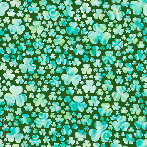Watercolor turquoise clover leaves on green background. St.Patrick 's Day. Seamless pattern. Watercolor stock illustration. Design for backgrounds, wallpapers, covers, textile, packaging.