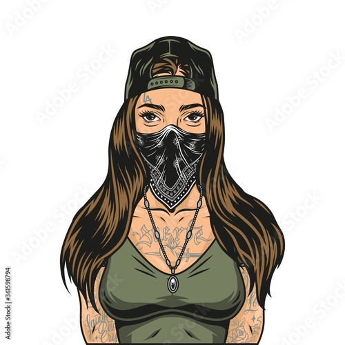 Attractive girl in baseball cap and bandana