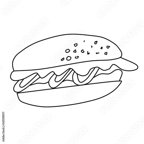 Sketch of a delicious hamburger isolated on a white background. Vector illustration in Doodle style. Outline drawing food from a fast food restaurant.