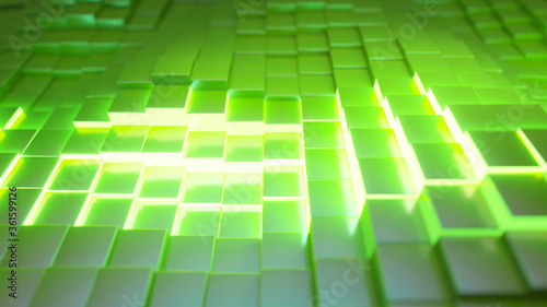 Abstract technology background for business presentations. Randomly moving cubes. Bright neon glow in the middle. 3d illustration