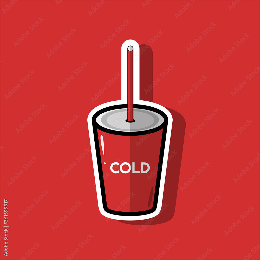 Simple cold drink in red cup flat illustration for sticker, logo or restaurant. Trendy summer beverage with white color outline and tube. Eps 10 vector Simple cold drink in red cup flat illustration for sticker, logo or restaurant. Trendy summer beverage with white color outline and tube. Eps 10 vector