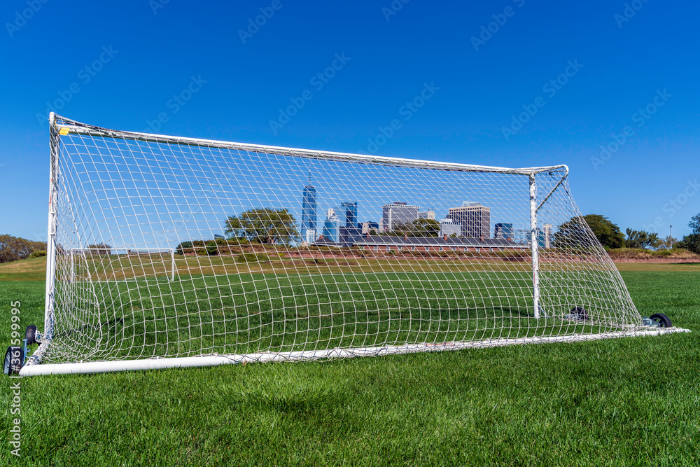 New York  USA  September 29, 2019  Image of the soccer field on Governor's Island