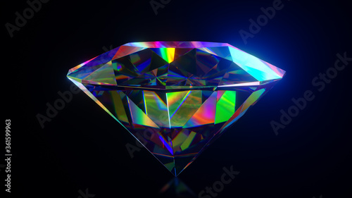 Beautiful large crystal clear rainbow shining round cut diamond  rotates against a black mirror isolated background. Close up side view. 3d illustration