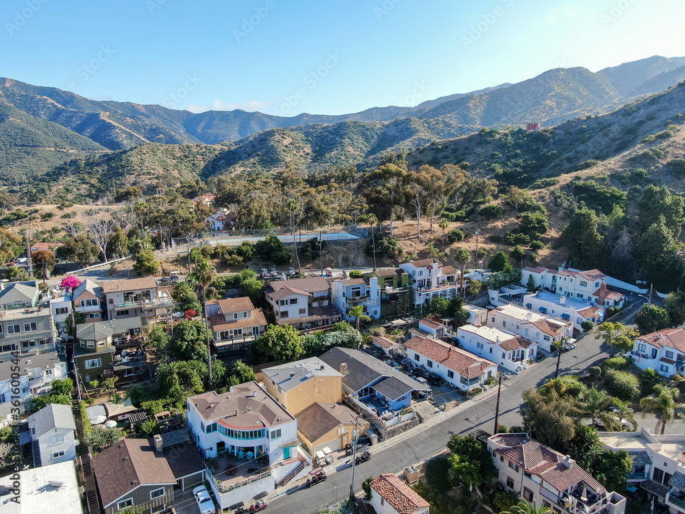 Aerial view of Avalon downtown with their houses on the cliff in Santa Catalina Island, famous tourist attraction in Southern California, USA