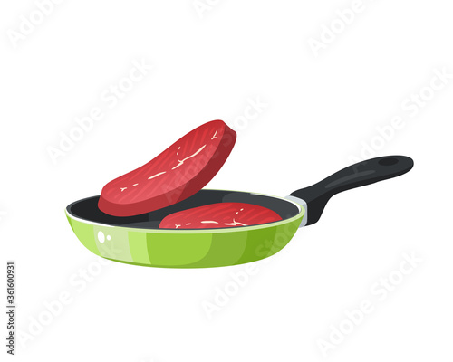 Food preparation. Roasting steak in green frying pan. Kitchen utensil. Vector illustration cartoon flat icon isolated on white background.