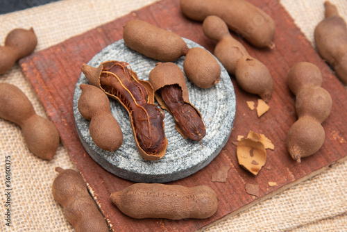 Tamarind paste or chutney, Imli or imalee crushed to paste served as a side dish for South Indian curry in Kerala Tamil Nadu India photo