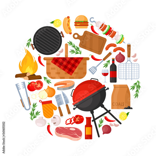 Vector illustration of BBQ party, barbecue, grill, picnic. Grilled vegetables, meat, steak and sausage in flat cartoon style. Collection of barbecue tools, food, wine, fire for cafe, bar and restauran