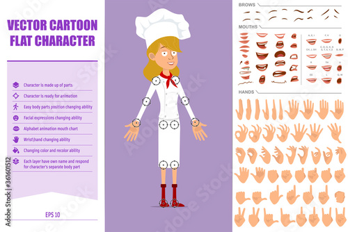 Cartoon flat funny chef cook girl character in white uniform and baker hat. Ready for animation. Face expressions, eyes, brows, mouth and hands easy to edit. Isolated on violet background. Big set.