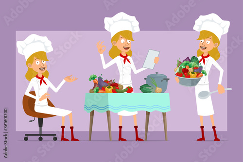 Cartoon flat chef cook woman character in white uniform and baker hat. Ready for animation. Girl reading note and cooking food from different vegetables. Isolated on violet background. Vector set.