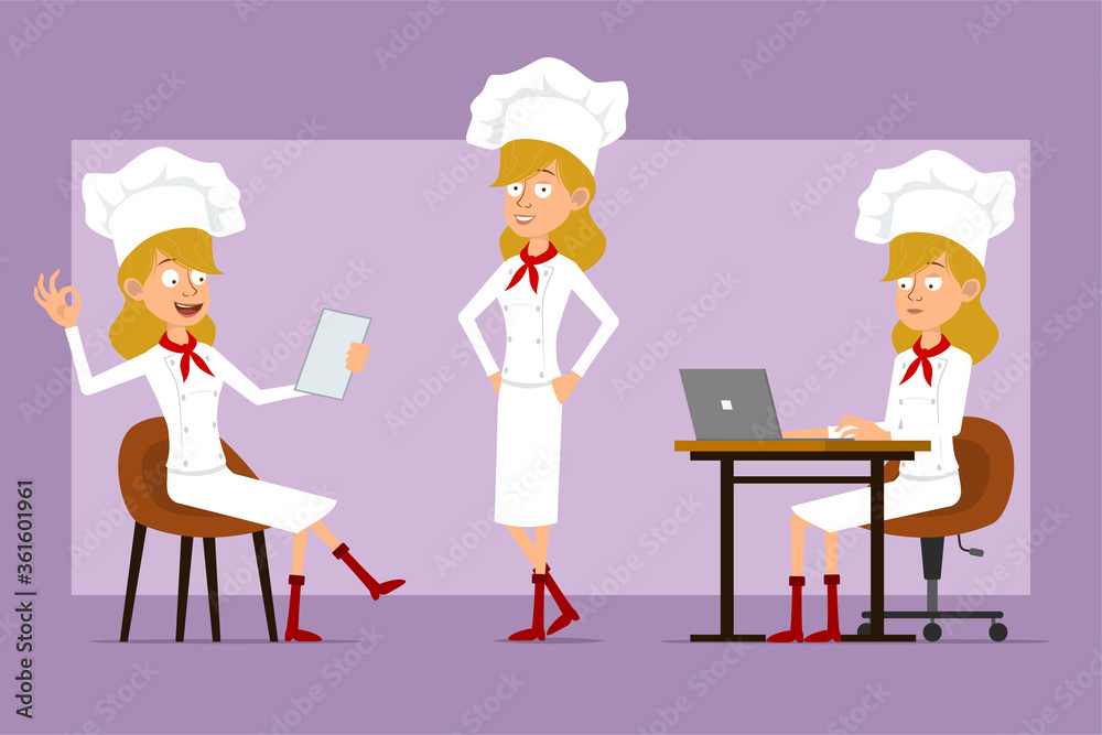 Cartoon flat funny chef cook woman character in white uniform and baker hat. Ready for animation. Girl reading note, working on laptop and showing okay sign. Isolated on violet background. Vector set. Cartoon flat funny chef cook woman character in white uniform and baker hat. Ready for animation. Girl reading note, working on laptop and showing okay sign. Isolated on violet background. Vector set.