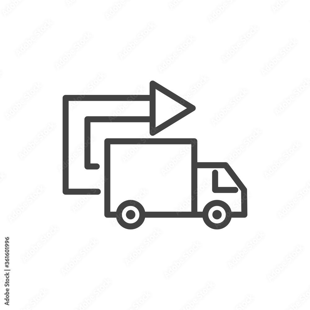 Return policy outline icon. Truck and arrow. Vector illustration.