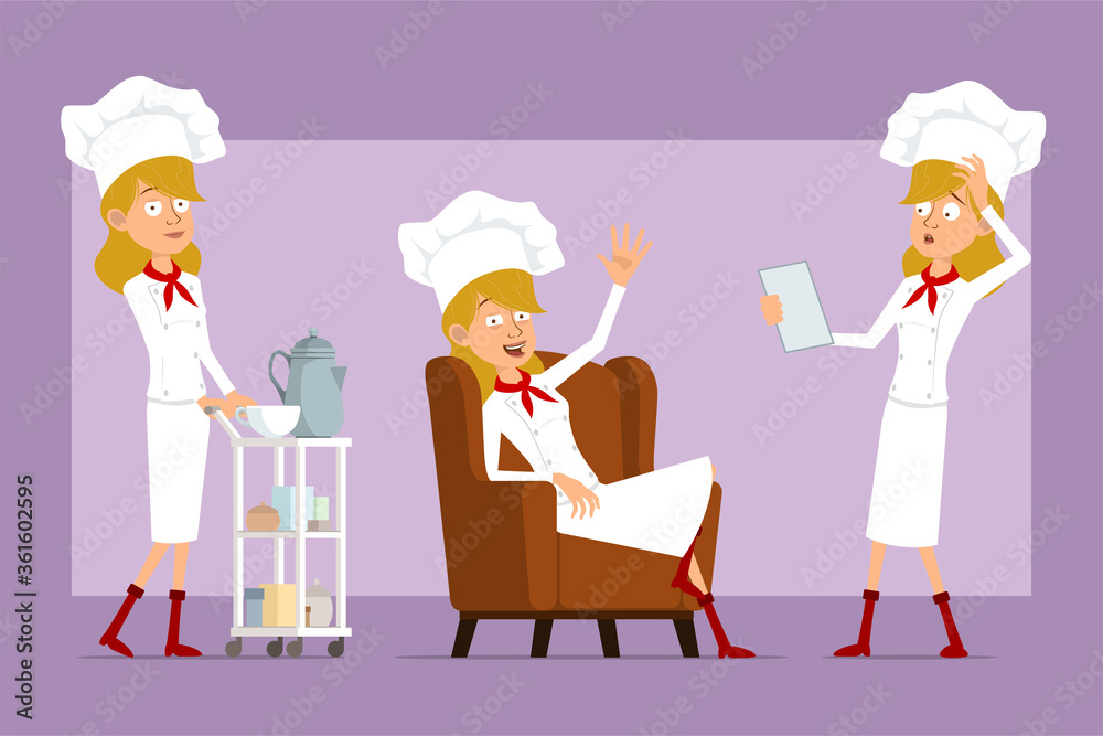Cartoon flat funny chef cook woman character in white uniform and baker hat. Ready for animation. Girl resting on sofa and walking with coffee hotel table. Isolated on violet background. Vector set. Cartoon flat funny chef cook woman character in white uniform and baker hat. Ready for animation. Girl resting on sofa and walking with coffee hotel table. Isolated on violet background. Vector set.