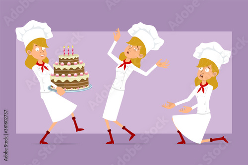 Cartoon flat funny chef cook woman character in white uniform and baker hat. Ready for animation. Girl carrying big birthday cake and falling unconscious. Isolated on violet background. Vector set.