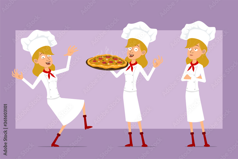 Cartoon flat chef cook woman character in white uniform and baker hat. Ready for animation. Girl dancing, holding italian pizza with salami and mushrooms. Isolated on violet background. Vector set. Cartoon flat chef cook woman character in white uniform and baker hat. Ready for animation. Girl dancing, holding italian pizza with salami and mushrooms. Isolated on violet background. Vector set.