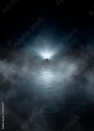 Dark dramatic background. Wet asphalt, smoke and fog. Neon light spotlight. 3d illustration