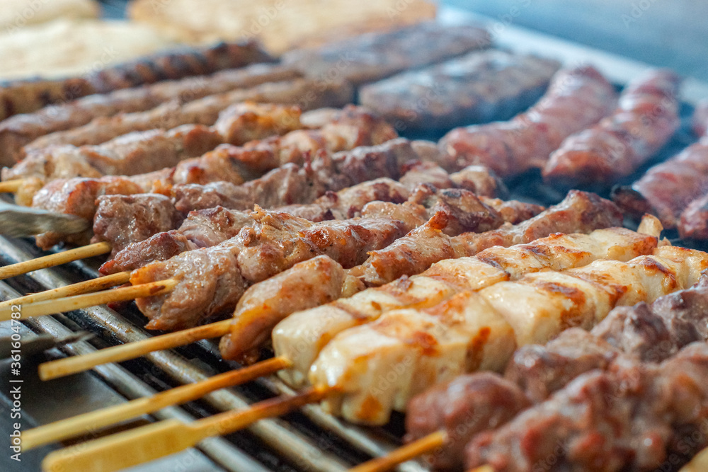 Greek Meats on Grill, Lamb, Feta, Pork, Sausages, Skewers