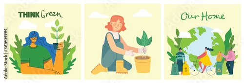 Set of eco save environment pictures. People taking care of planet collage. Zero waste, think green, save the planet, our home hand written text in the modern flat design
