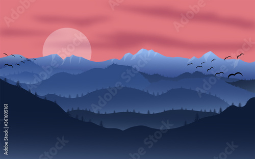 Mountain sunset landscape. Forest and mountain silhouettes, evening wood panorama. Vector illustration wild nature background.
