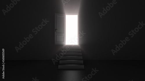 3d render shine of an open door with steps in a dark room