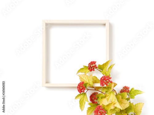 Flower composition. An empty wooden picture frame and blooming garden or field plants are on a white background. Summer or autumn concept. Flat lay. Copy space.